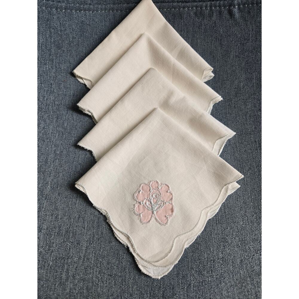 Set of 4 Vintage Hand Embroidered Napkins Handkerchiefs White Pink Floral